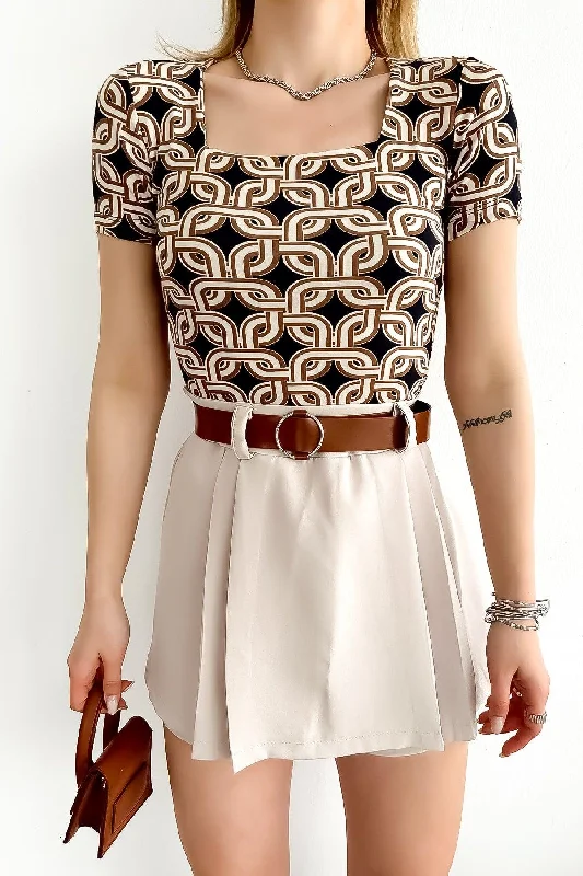 Women's Short Sleeve Square Collar Chain Pattern Blouse Romantic Lace Blouse