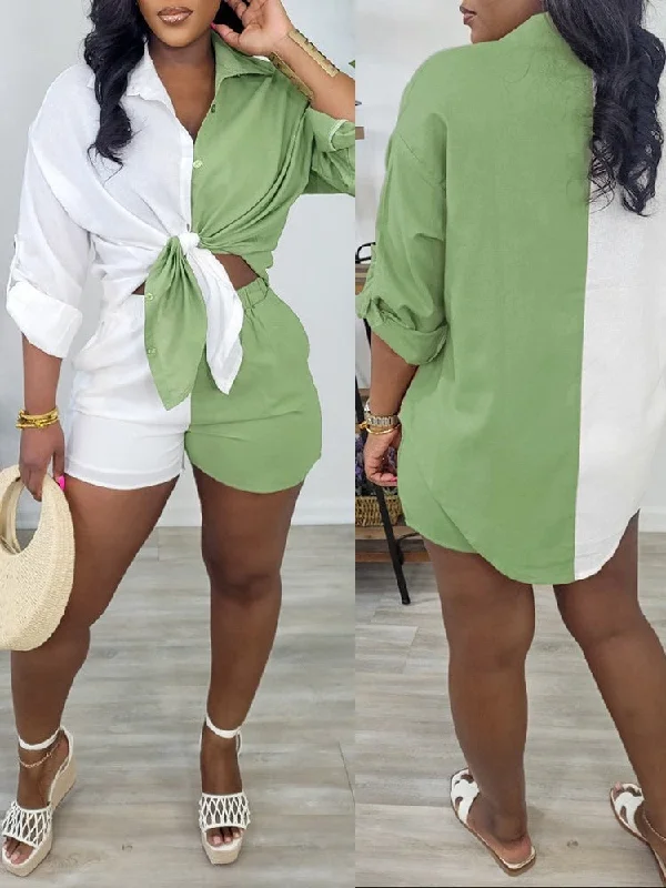 Two Tone Front Tie Long Sleeve Asymmetrical Blouse and Shorts Set Pastel Color Blouse