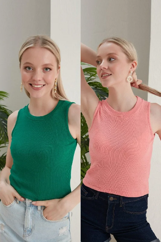 Women's Green Powder Halter Neck 2 Piece Crop Blouse Office-Ready Blouse