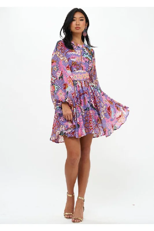 Lavender Bukhara Balloon Waisted Mini Dress Fashionable A-Line Mini Dress