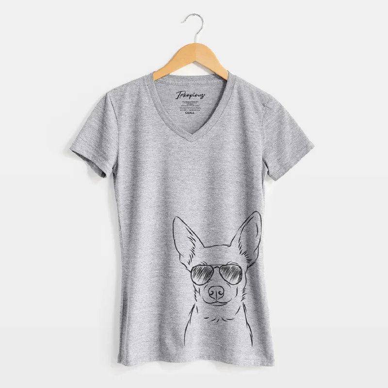 Aviator Martini the Chihuahua - Women's V-neck Shirt-- Zippered Front Buttoned Front Snap Front Aviator Martini the Chihuahua - Women's V-neck Shirt-- Zippered Front Buttoned Front Snap Front