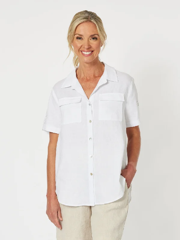 Safari Linen Shirt - White-- Hooded Caped Shawl Collar