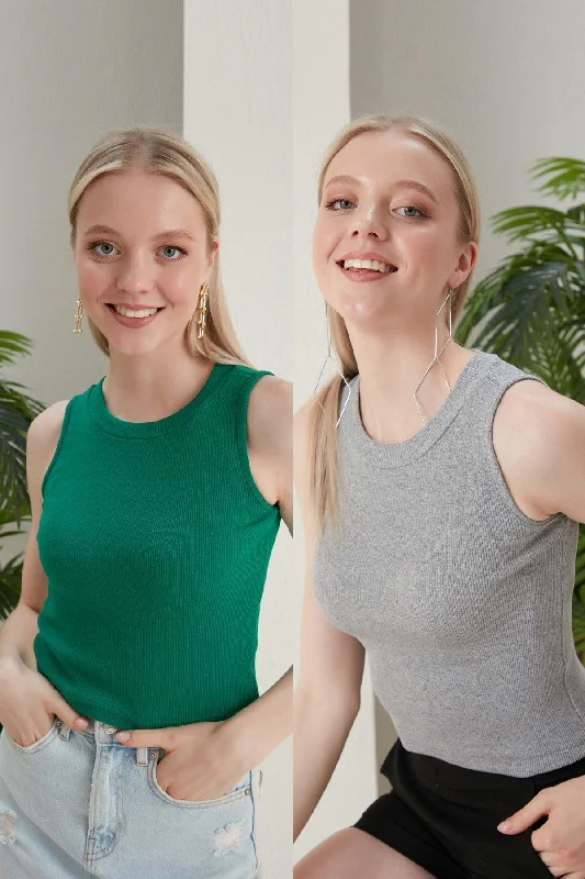 Women's Gray Green Halter Neck Corduroy 2-Pack Crop Blouse Elegant Lace Blouse