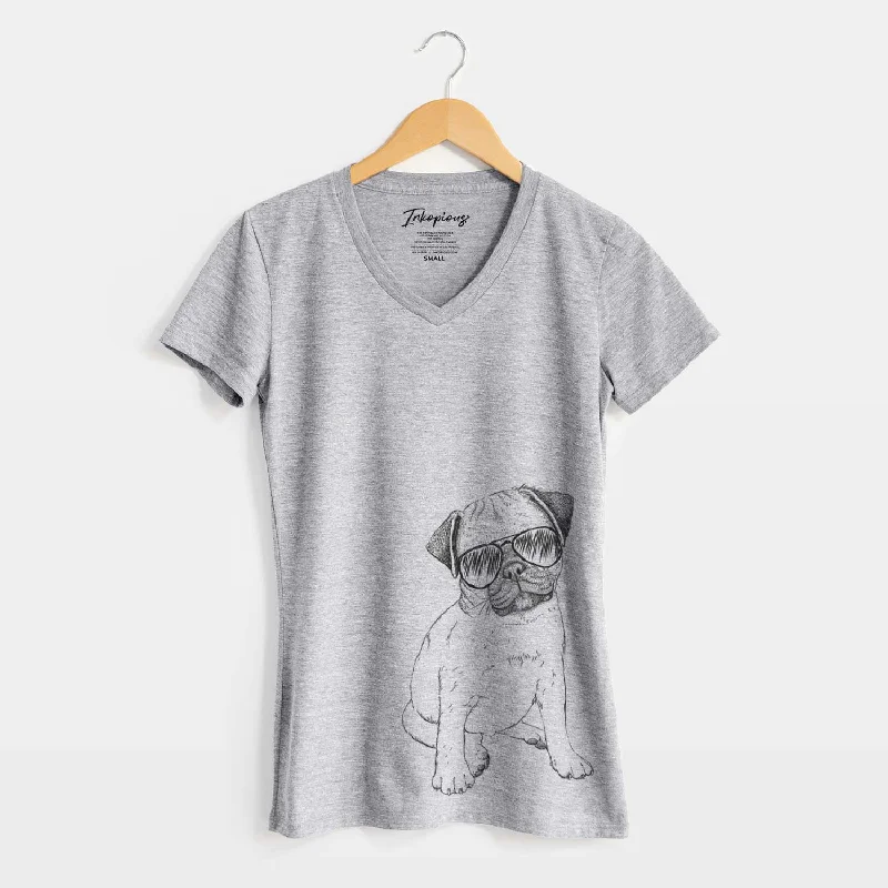 Aviator Nelson the Pug Puppy - Women's V-neck Shirt-- Lace Blend Ribbed Blend Corduroy Blend Aviator Nelson the Pug Puppy - Women's V-neck Shirt-- Lace Blend Ribbed Blend Corduroy Blend