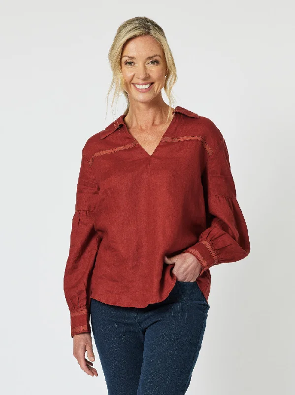 Eliza Linen Shirt - Brick Red -- Basic T-Shirt Crew Neck Short Sleeve