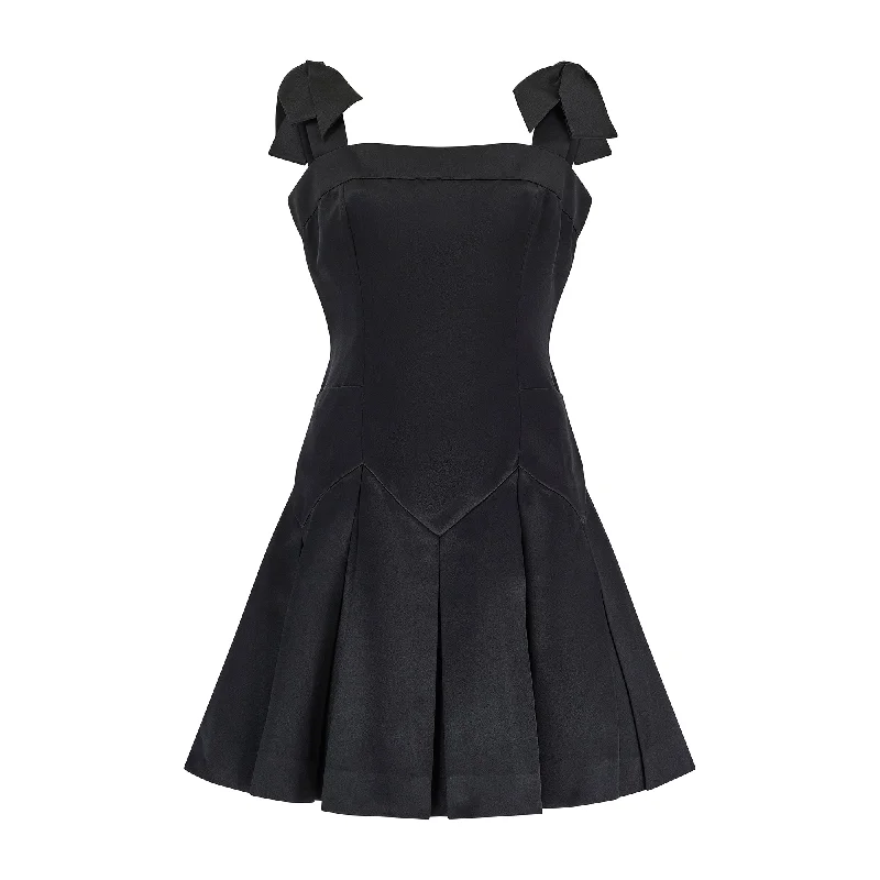 1990 Documented Chanel Black Satin Bow Shoulder Pleated Mini Dress Trendy Button-Detail Mini Dress