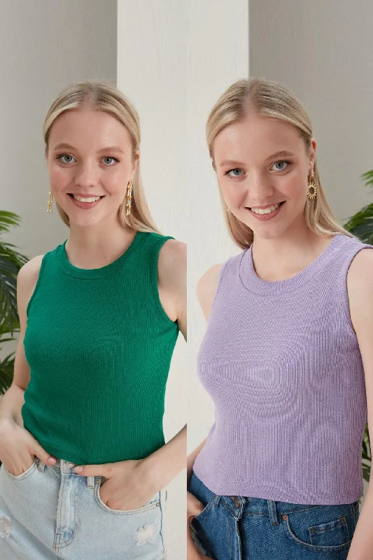 Women's Green Lilac Halter Neck 2 Piece Crop Blouse Subtle Shimmer Blouse