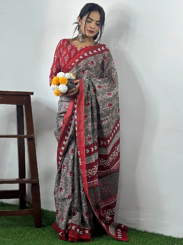 Women's Cotton Grey Printed Designer Saree With Blouse Piece Mandarin Collar Blouse