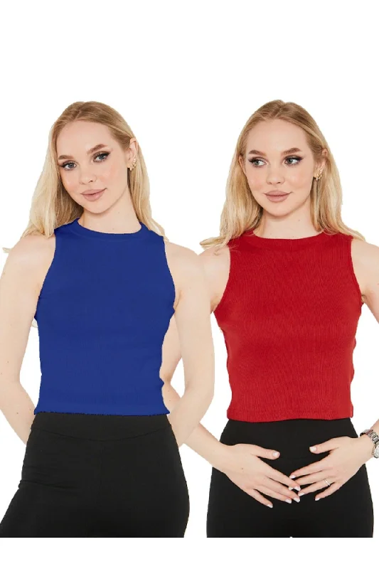Women's Sax Red Halter Neck 2 Piece Crop Blouse Double Button Blouse