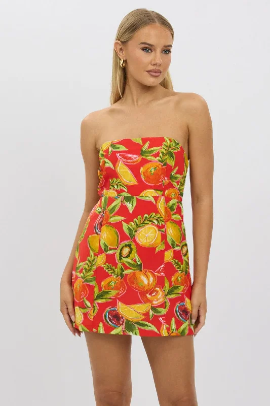 Red Abstract Strapless Mini Dress Casual V-Neck Mini Dress