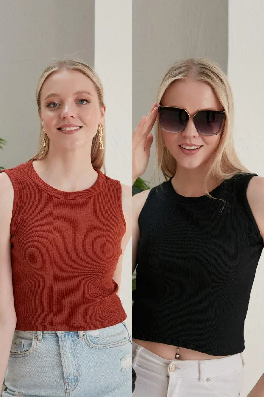 Women's Black Tile Halter Neck 2 Piece Crop Blouse Feminine Pastel Blouse