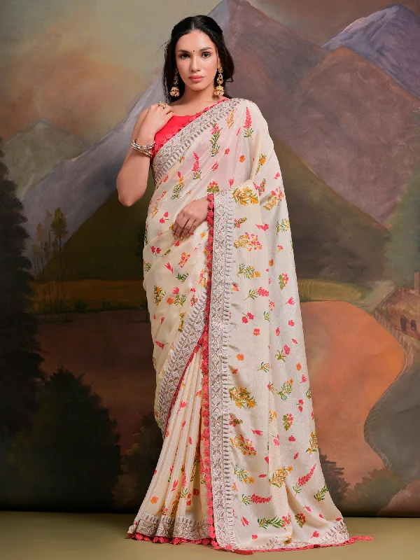 Women's Chiffon Off White Embellished Celebrity Saree With Blouse Piece Chic Wrap Blouse Women's Chiffon Off White Embellished Celebrity Saree With Blouse Piece Chic Wrap Blouse