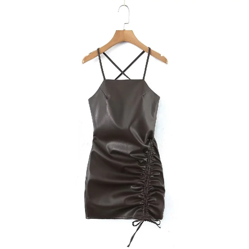 Cross Back Spaghetti Strap Ruched PU Mini Dress Elegant Tulle Mini Dress