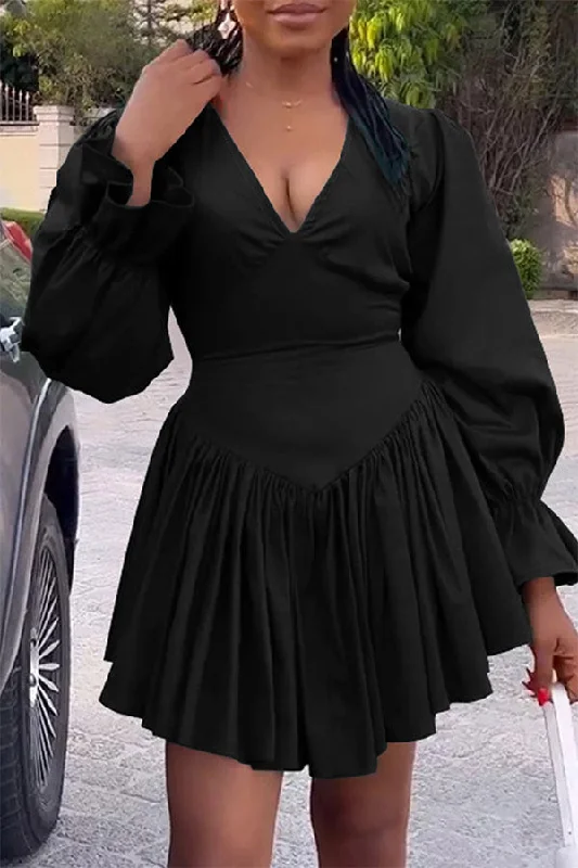 storexq Solid Color Girly Irregular Pleated Mini Dress Comfortable Off-Shoulder Mini Dress