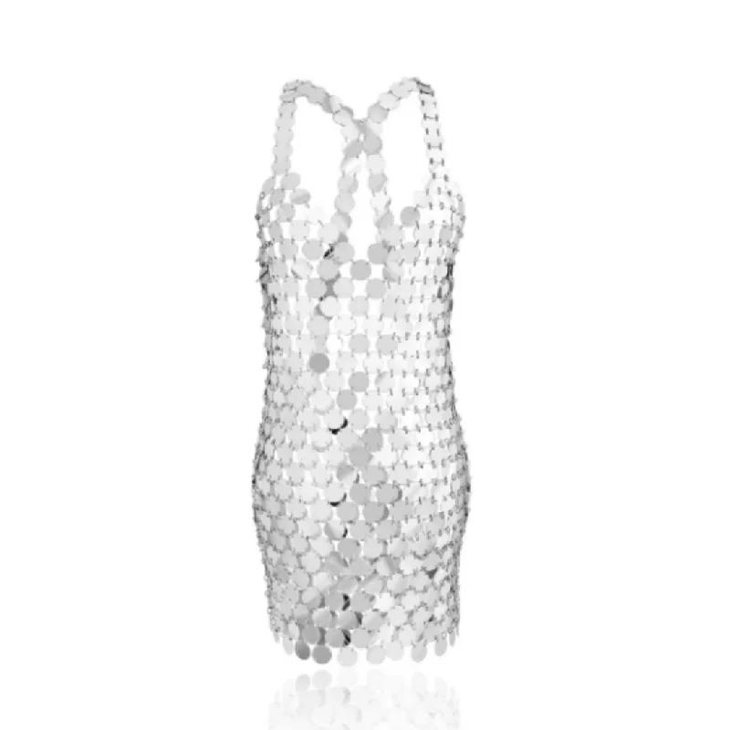 Round Sequin Chain Link Mini Dress Casual Mini Dress with Pockets