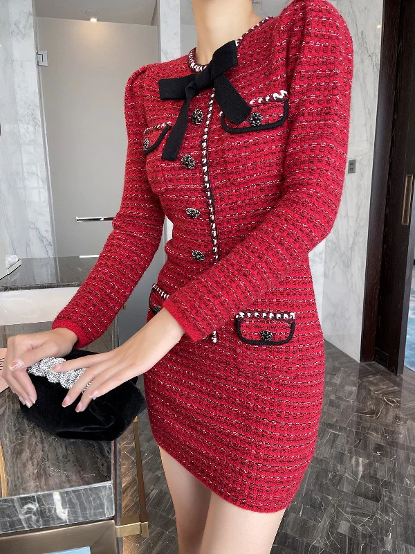 Hadley Red Tweed Velvet Bow Mini Dress Trendy Lace Mini Dress