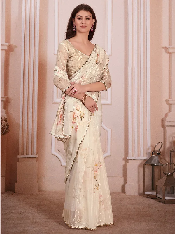 Women's Organza Cream Digital Print Designer Saree With Blouse Piece Peter Pan Collar Blouse Women's Organza Cream Digital Print Designer Saree With Blouse Piece Peter Pan Collar Blouse