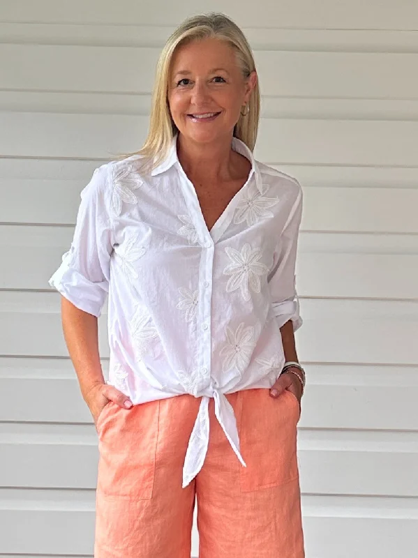 Emb Front Shirt - White-- Front Pockets Side Pockets Patch Pockets