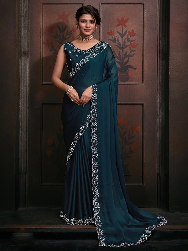 Women's Chiffon Teal blue Embellished Designer Saree With Blouse Piece Ruffled Neck Blouse Women's Chiffon Teal blue Embellished Designer Saree With Blouse Piece Ruffled Neck Blouse