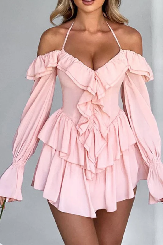storexq Solid Color Halter Collar Girly Ruffle Tiered Mini Dress Classic Black Mini Dress storexq Solid Color Halter Collar Girly Ruffle Tiered Mini Dress Classic Black Mini Dress