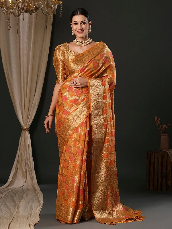 Women's Organza Orange Woven Design Designer Saree With Blouse Piece Chic Sleeveless Blouse Women's Organza Orange Woven Design Designer Saree With Blouse Piece Chic Sleeveless Blouse