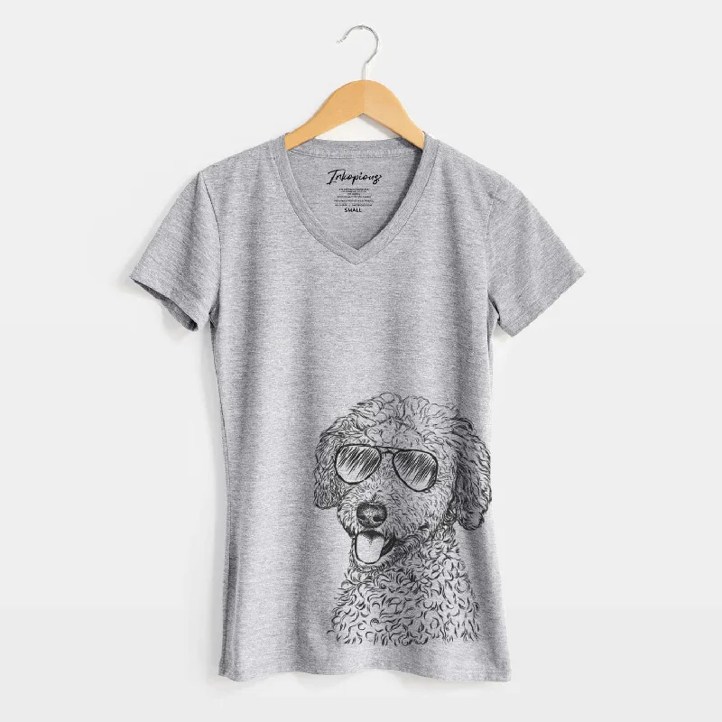 Aviator Marlow the Goldendoodle - Women's V-neck Shirt-- Front Pockets Side Pockets Patch Pockets Aviator Marlow the Goldendoodle - Women's V-neck Shirt-- Front Pockets Side Pockets Patch Pockets