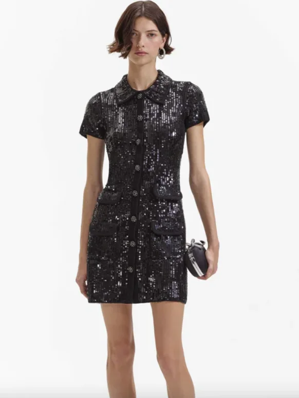 Knit Sequin Mini Dress Black - Self Portrait Casual V-Neck Mini Dress