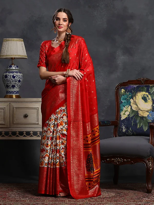 Women's Dola Silk Red Printed Designer Saree With Blouse Piece Floral Chiffon Blouse Women's Dola Silk Red Printed Designer Saree With Blouse Piece Floral Chiffon Blouse