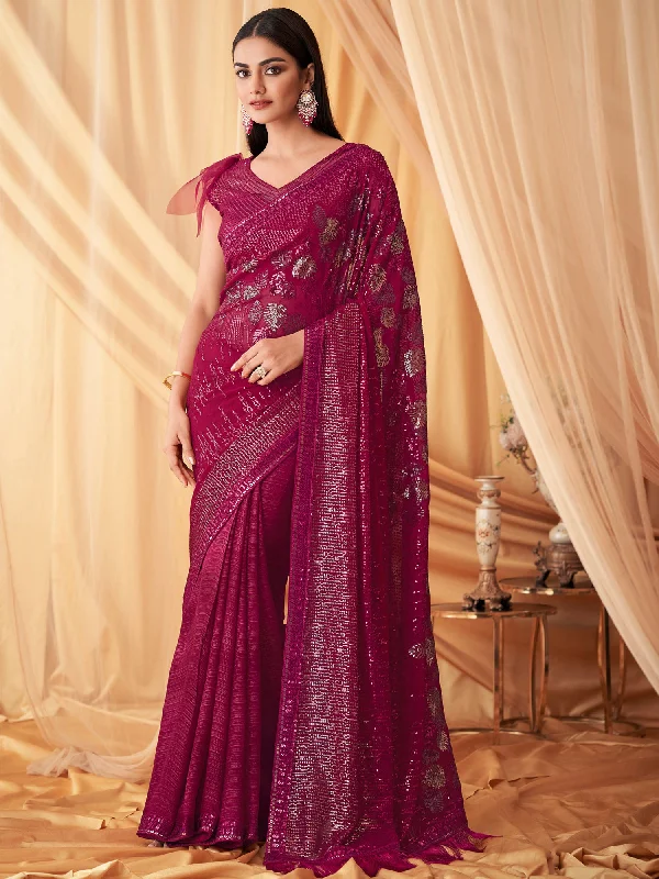 Women's Georgette Pink Embellished Designer Saree With Blouse Piece Boho Chic Blouse Women's Georgette Pink Embellished Designer Saree With Blouse Piece Boho Chic Blouse