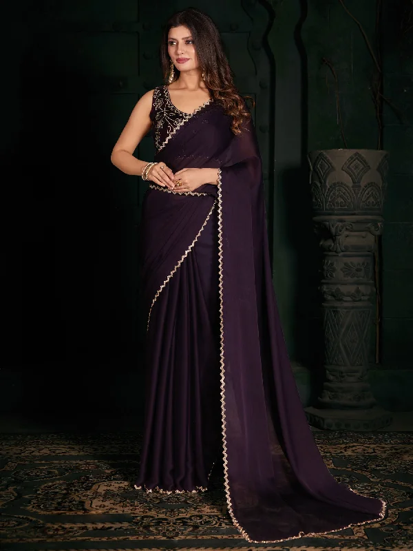 Women's Chiffon Purple Embellished Designer Saree With Blouse Piece Double-Layered Blouse Women's Chiffon Purple Embellished Designer Saree With Blouse Piece Double-Layered Blouse