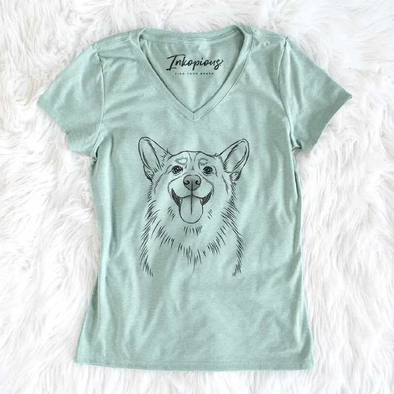 Bare Porter the Pembroke Welsh Corgi - Women's V-neck Shirt-- Polka Dot Checkered Tartan Bare Porter the Pembroke Welsh Corgi - Women's V-neck Shirt-- Polka Dot Checkered Tartan