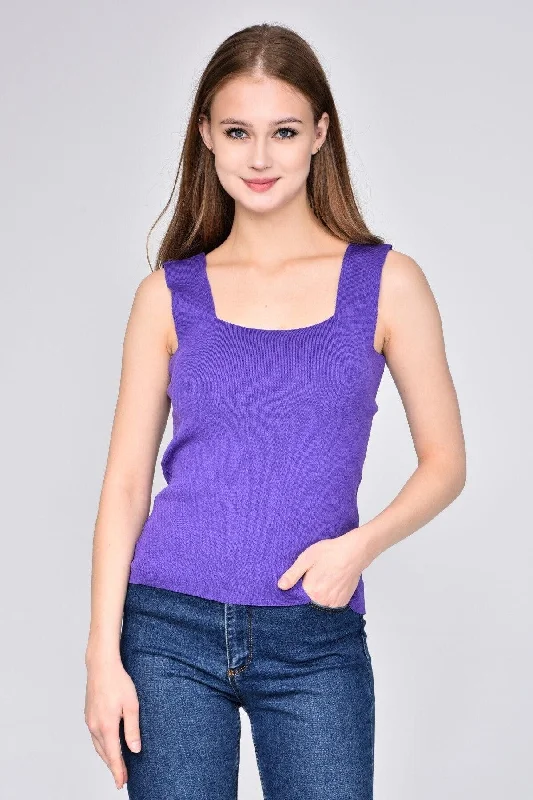 Women's Purple Thick Strap Square Collar Summer Athlete Knitwear Blouse High Neck Blouse