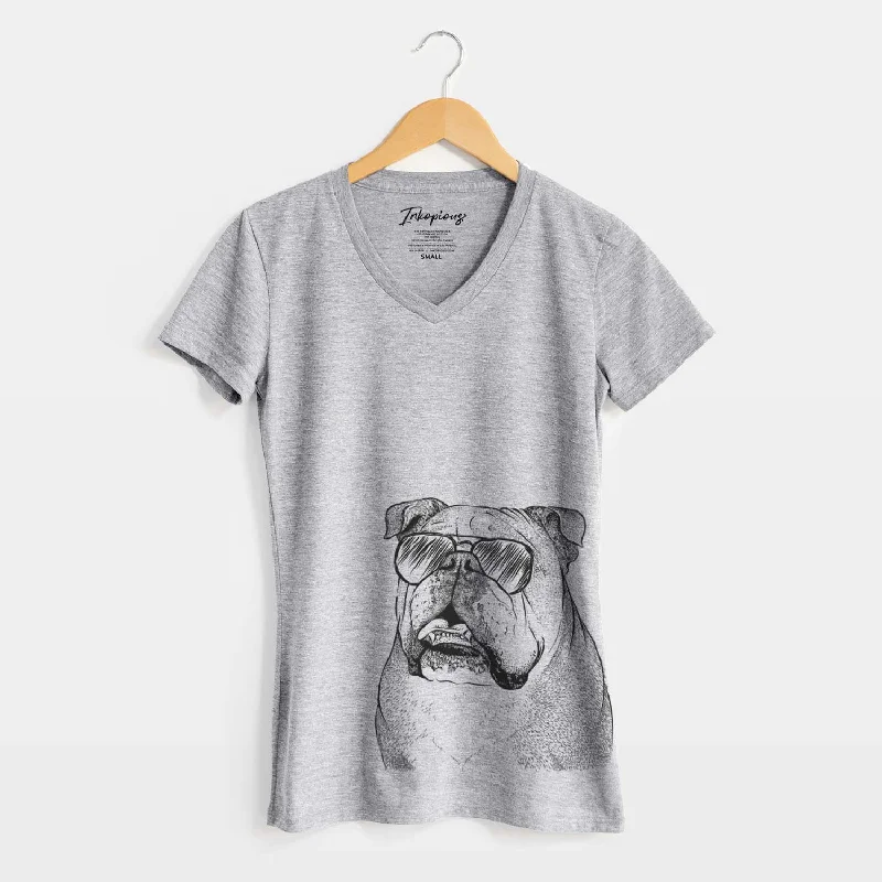 Aviator Piggy the English Bulldog - Women's V-neck Shirt-- Ribbed Striped Patterned