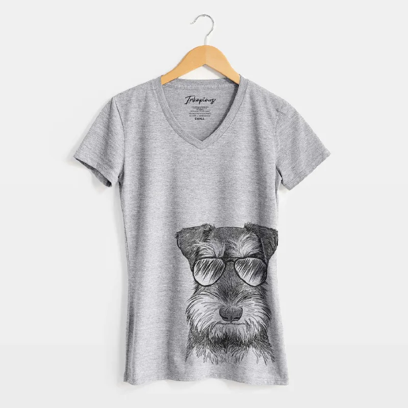 Aviator Murphy the Mini Schnauzer - Women's V-neck Shirt-- Asymmetrical Pockets Print Aviator Murphy the Mini Schnauzer - Women's V-neck Shirt-- Asymmetrical Pockets Print