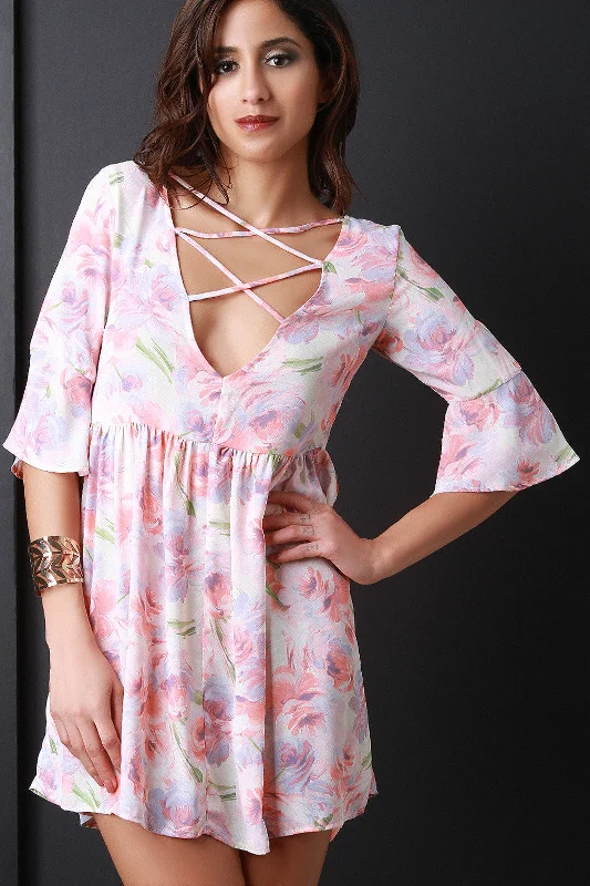Floral Lace Front Empire Waist Mini Dress Elegant Floral-Print Mini Dress