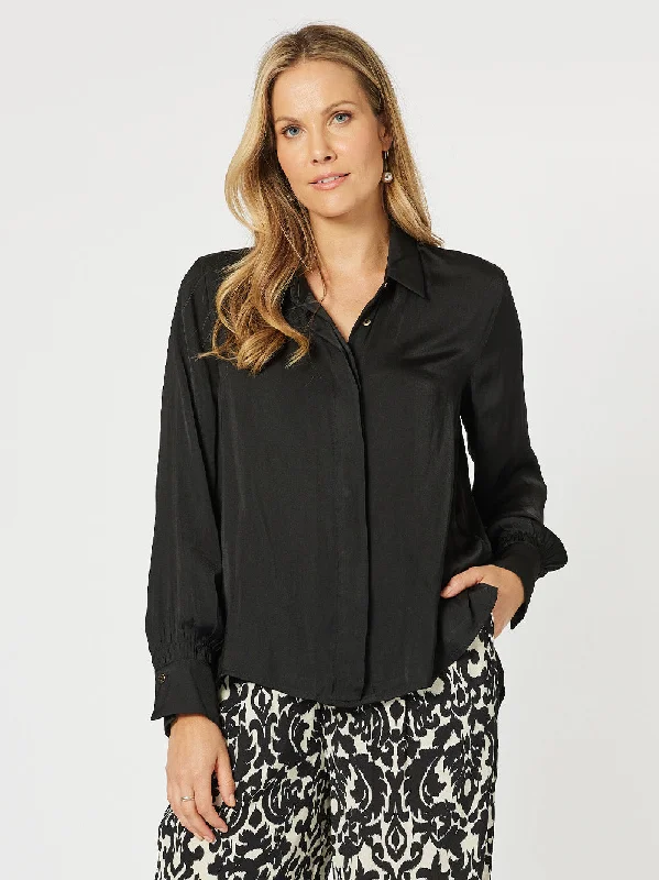 Luxe Shirt With Cuff Detail - Black-- Striped Floral Plaid