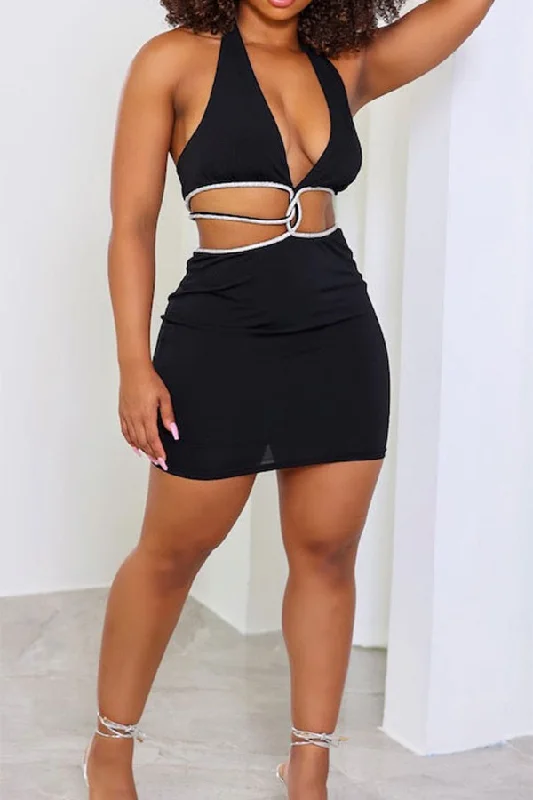 storexq Hot Patchwork Cutout Halter Collar Mini Dress Stylish Spaghetti Strap Mini Dress