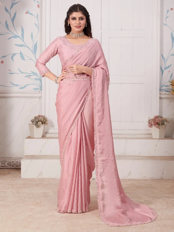 Women's Satin Silk Pink Embellished Designer Saree With Blouse Piece Lightweight Linen Blouse Women's Satin Silk Pink Embellished Designer Saree With Blouse Piece Lightweight Linen Blouse