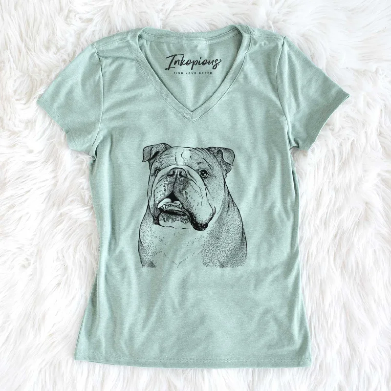 Bare Piggy the English Bulldog - Women's V-neck Shirt-- Embroidered Appliqued Beaded Bare Piggy the English Bulldog - Women's V-neck Shirt-- Embroidered Appliqued Beaded