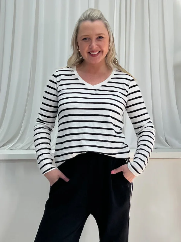 V-Neck Stripe T-Shirt - White/Black-- Sequined Glittery Shiny