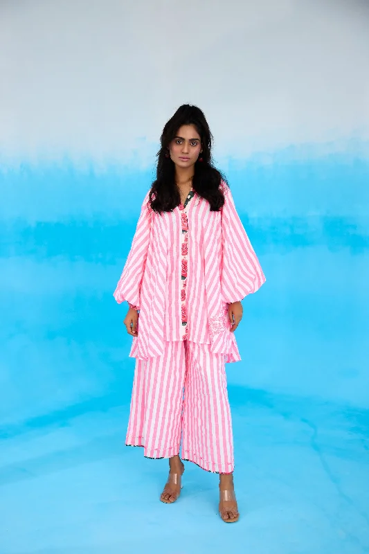 Pink Candy Stripes Raglan Shirt-- Asymmetrical Pockets Print
