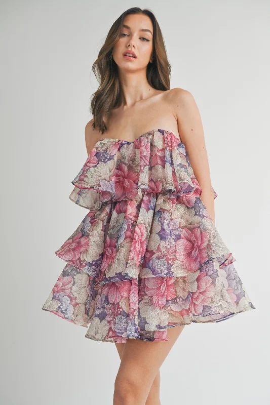 Floral Strapless Tiered Ruffle Mini Dress Cozy Knit Mini Dress