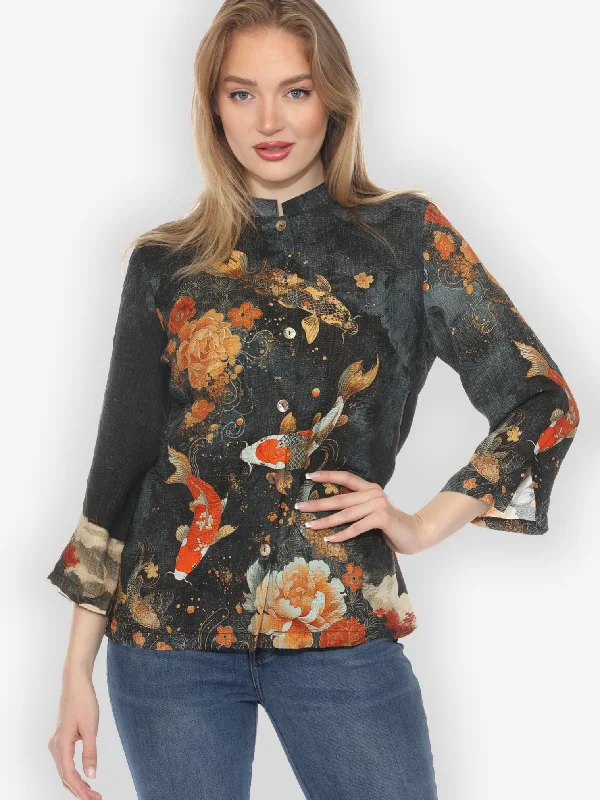 Noble Koi Fish Silk Blouse Feminine Ruffle Blouse