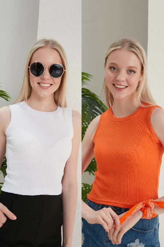 Women's White Orange Halter Neck 2 Piece Crop Blouse Sleeveless Chiffon Blouse