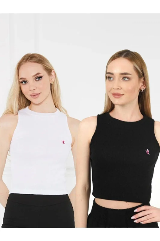 Women's Black and White Butterfly Logo Halter Neck 2-Pack Crop Blouse Chic Ruffle Blouse