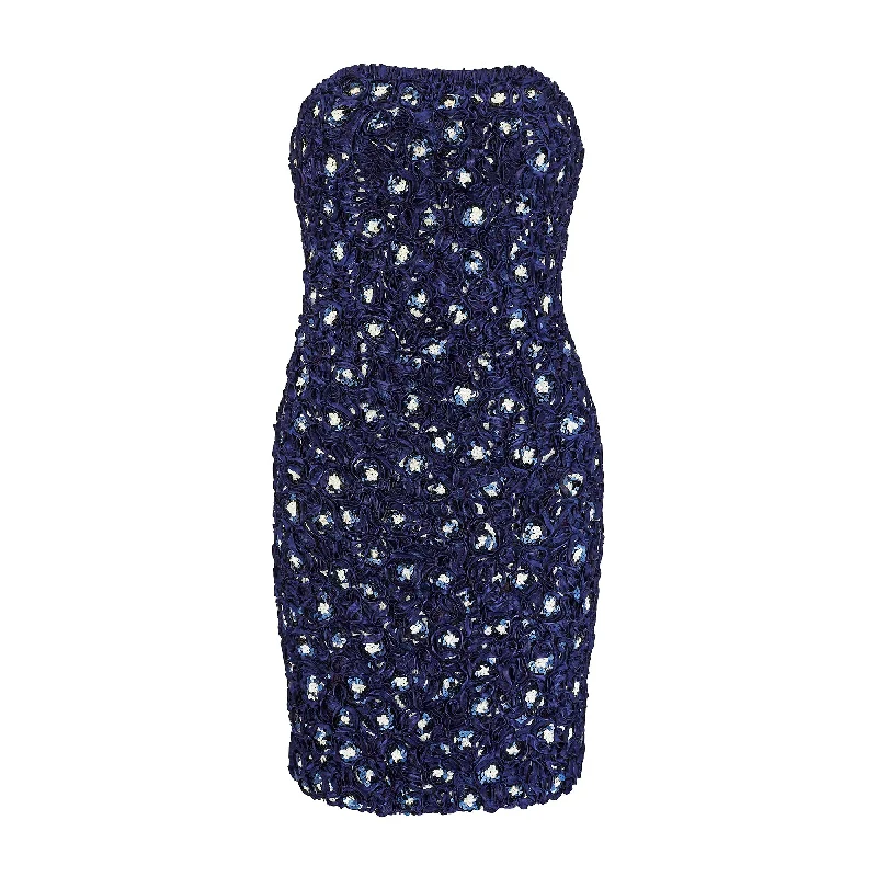 1990s Victor Costa Navy Ribbonwork and Sequin Mini Dress Elegant Satin Lace Mini Dress