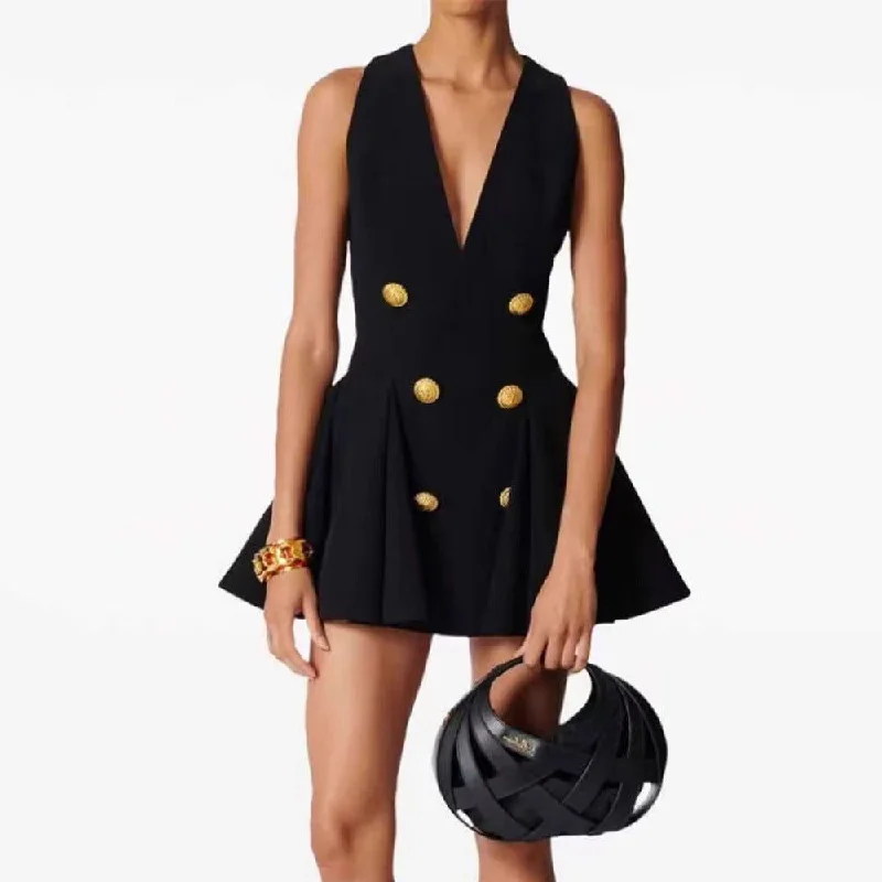 Galilea Black V Neck Mini Dress Stylish Sweetheart Neck Mini Dress