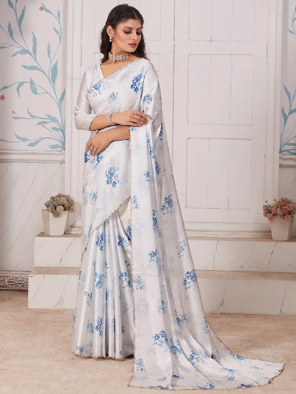Women's Satin Silk White Digital Print Designer Saree With Blouse Piece Romantic Lace Blouse