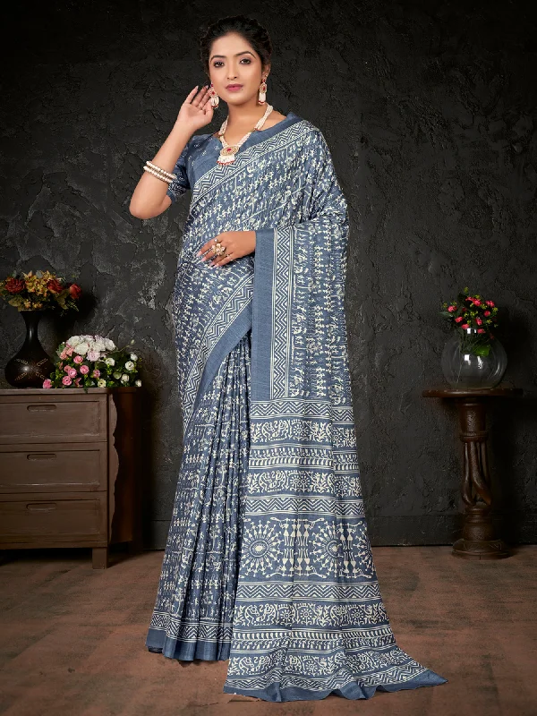 Women's Dola Silk Grey Printed Designer Saree With Blouse Piece Peter Pan Collar Blouse Women's Dola Silk Grey Printed Designer Saree With Blouse Piece Peter Pan Collar Blouse