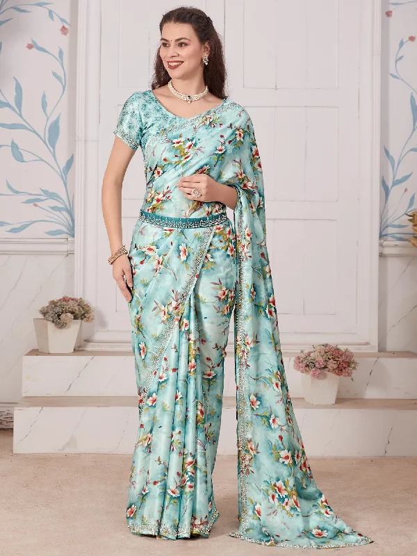 Women's Satin Silk Light Blue Embellished Designer Saree With Blouse Piece Polished Work Blouse Women's Satin Silk Light Blue Embellished Designer Saree With Blouse Piece Polished Work Blouse